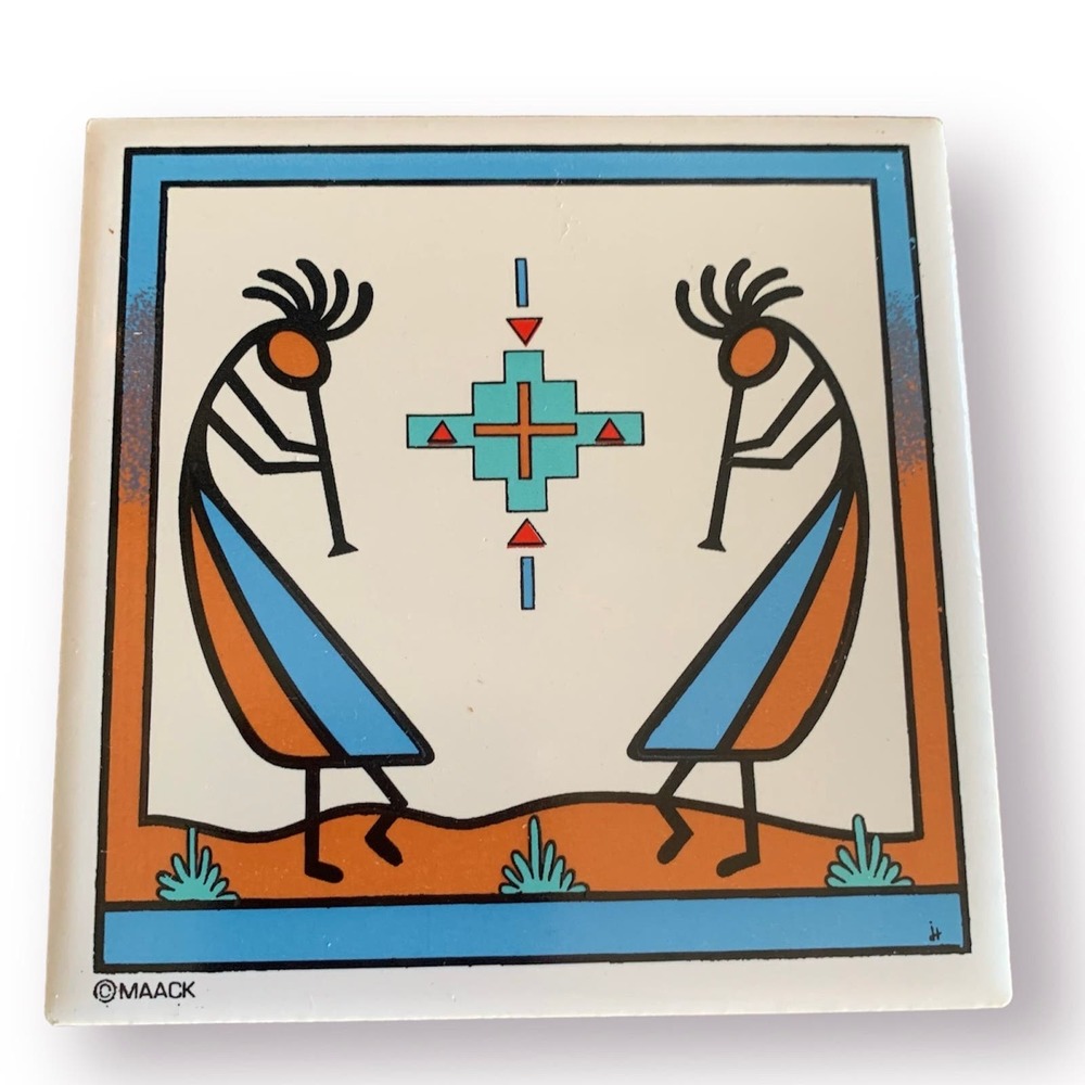 Dancing Desert Kokopelli Vintage Wall Art Collectible Tile Trivet by Maack